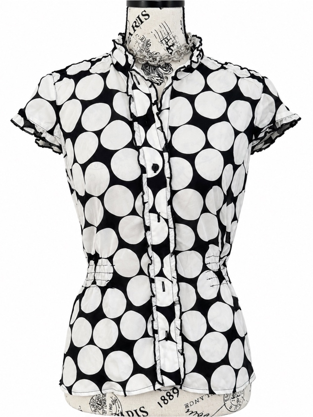 Xhilaration Black & White Polka Dot Short Sleeve Button-Down Top